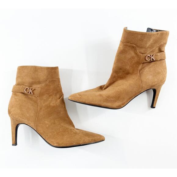 Calvin Klein Suede Pointed Toe Ankle Boots Booties Brown 7.5 - Picture 2 of 8